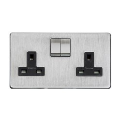 2 Gang 13A Switched Socket Screwless Satin Chrome Flat Plate with a Black Insert Studio Range
