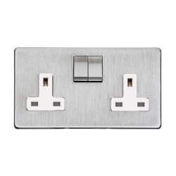 2 Gang 13A Switched Socket Screwless Satin Chrome Flat Plate with a White Insert Studio Range