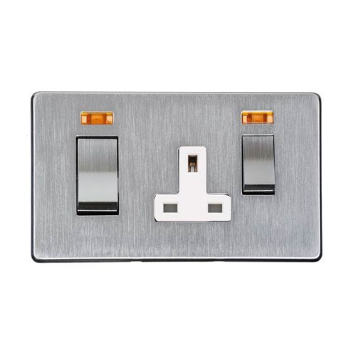 45A Cooker Switch Unit with 13A Socket Screwless Satin Chrome Plate with with a White Insert Studio Range