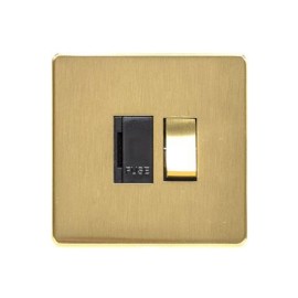 1 Gang 13A Fused Spur Switched Spur in Satin Brass Black Trim Screwless Flat Plate Studio Range