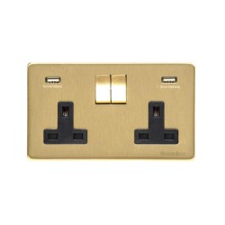 2 Gang 13A Switched Socket with 2 USB-A Sockets Satin Brass Black Trim Screwless Flat Plate and Rockers Studio Range
