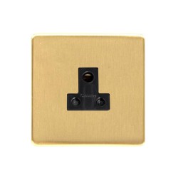 1 Gang Round 3 Pin 5A Socket Unswitched in Satin Brass Black Trim Screwless Flat Plate Studio Range