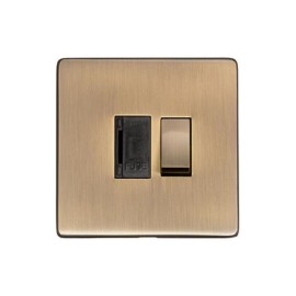 1 Gang 13A Switched Fused Spur Screwless Antique Brass Flat Plate Black Insert Studio Range
