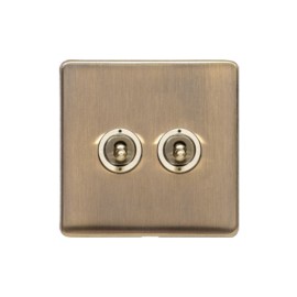 2 Gang 2 Way 20A Dolly Switch Screwless Antique Brass Flat Plate and Dolly, Studio Range