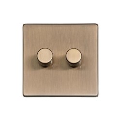 2 Gang 2 Way 10-120W LED Dimmer Screwless Antique Brass Flat Plate and Dimmer Knob