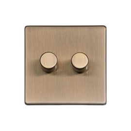 2 Gang 2 Way 10-120W LED Dimmer Screwless Antique Brass Flat Plate and Dimmer Knob