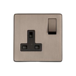 Screwless 1 Gang 13A Switched Single Socket Aged Pewter Plate and Switch, Studio Range