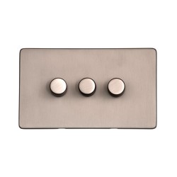 Screwless 3 Gang 10-120W Trailing Edge LED Dimmer Switch Aged Pewter Plate, Studio Range