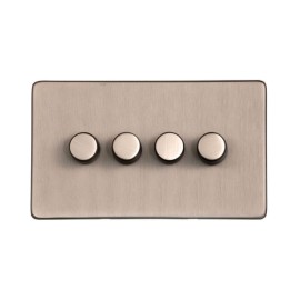Screwless 4 Gang 10-120W Trailing Edge LED Dimmer Switch Aged Pewter Plate, Studio Range