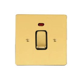 1 Gang 20A Double Pole Switch with Neon in Polished Brass and Black Trim Stylist Grid Flat Plate