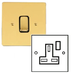 1 Gang 13A Switched Single Socket in Polished Brass and Black Trim Stylist Grid Flat Plate
