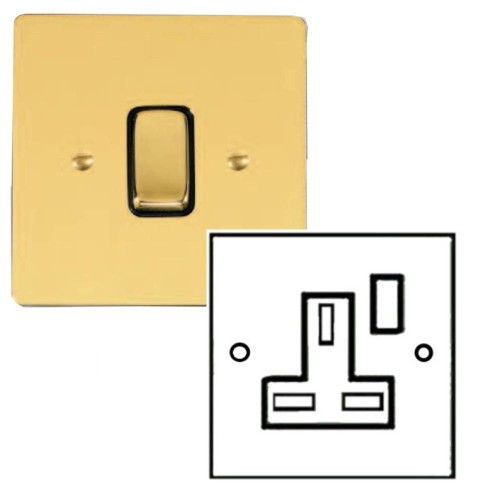 1 Gang 13A Switched Single Socket in Polished Brass and Black Trim Stylist Grid Flat Plate