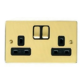 2 Gang 13A Switched Double Socket in Polished Brass and Black Trim, Stylist Grid Flat Plate