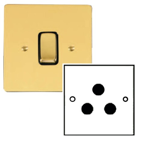 1 Gang 5A 3 Pin Unswitched Socket in Polished Brass Stylist and a Black Plastic Trim Grid Flat Plate