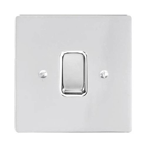 1 Gang 20A Double Pole Switch in Polished Chrome Stylist and White Plastic Trim Grid Flat Plate