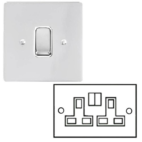 2 Gang 13A Switched Double Socket in Polished Chrome and a White Plastic Trim, Stylist Grid Flat Plate