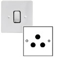 1 Gang 5A 3 Pin Unswitched Socket in Polished Chrome Stylist and a Black Plastic Trim Grid Flat Plate