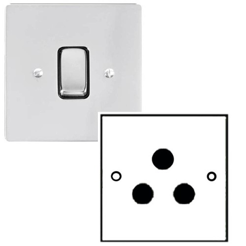 1 Gang 5A 3 Pin Unswitched Socket in Polished Chrome Stylist and a Black Plastic Trim Grid Flat Plate