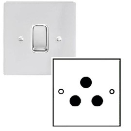 1 Gang 5A 3 Pin Unswitched Socket in Polished Chrome Stylist and a White Plastic Trim Grid Flat Plate