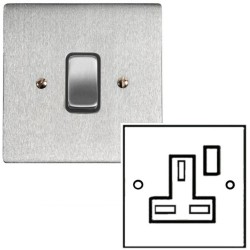 1 Gang 13A Switched Single Socket in Satin Chrome and Black Plastic Trim Stylist Grid Flat Plate