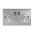 2 Gang 13A Switched Double Socket in Satin Chrome Brushed and White Plastic Trim, Stylist Grid Flat Plate