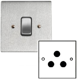 1 Gang 5A 3 Pin Unswitched Socket in Satin Chrome Stylist and a Black Plastic Trim Grid Flat Plate