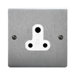 1 Gang 5A 3 Pin Unswitched Socket in Satin Chrome Stylist and a White Plastic Trim Grid Flat Plate