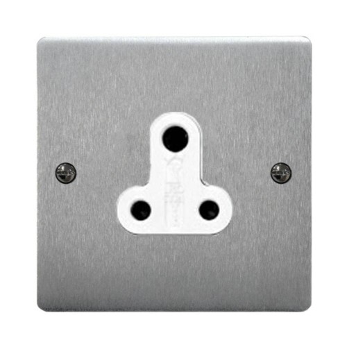 1 Gang 5A 3 Pin Unswitched Socket in Satin Chrome Stylist and a White Plastic Trim Grid Flat Plate