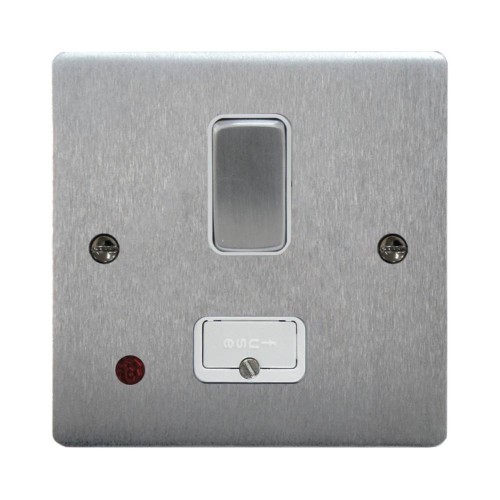 1 Gang 13A Switched Spur with Neon in Satin Chrome Brushed and White Plastic Trim, Stylist Grid Flat Plate