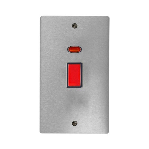 45A Red Rocker Cooker Switch Vertical Double Plate with Neon in Satin Chrome Black Trim Stylist Grid Flat Plate