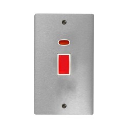 45A Red Rocker Cooker Switch Vertical Double Plate with Neon in Satin Chrome White Trim Stylist Grid Flat Plate