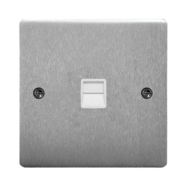 1 Gang Secondary Telephone Socket in Satin Chrome Brushed and WhiteTrim Stylist Grid Flat Plate