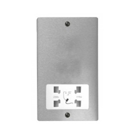 Shaver Socket Dual Voltage Output 110/240V in Satin Chrome Brushed and White Plastic Trim, Stylist Grid Flat Plate