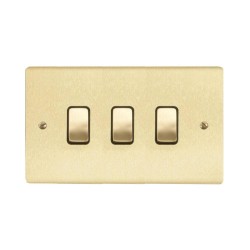 3 Gang 2 Way 10A Rocker Grid Switch in Satin Brass Brushed and Black Trim Stylist Grid Flat Plate