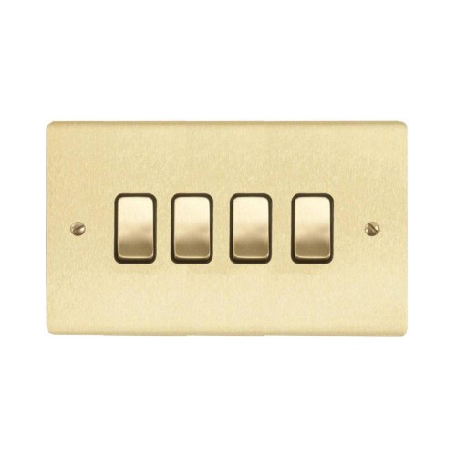 4 Gang 2 Way 10A Rocker Grid Switch in Satin Brass Brushed and Black Trim Stylist Grid Flat Plate