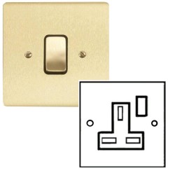 1 Gang 13A Switched Single Socket in Satin Brass Brushed and Black Trim Stylist Grid Flat Plate