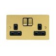2 Gang 13A Switched Double Socket in Satin Brass Brushed and Black Trim Stylist Grid Flat Plate