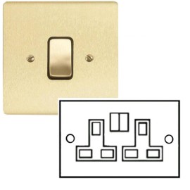 2 Gang 13A Switched Double Socket in Satin Brass Brushed and Black Trim Stylist Grid Flat Plate
