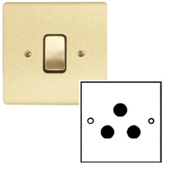 1 Gang 5A 3 Pin Unswitched Socket in Satin Brass Stylist and a Black Plastic Trim Grid Flat Plate