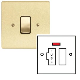 1 Gang 13A Switched Spur with Neon in Satin Brass Brushed and Black Trim Stylist Grid Flat Plate