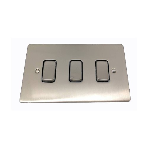 3 Gang 2 Way 10A Rocker Grid Switch in Satin Nickel Brushed and Black Plastic Trim Stylist Grid Flat Plate