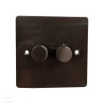 2 Gang 2 Way 10-120W Trailing Edge LED Dimmer in Polished Bronze Flat Plate and Knob, Stylist Grid