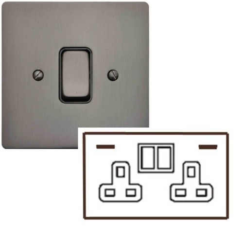 2 Gang 13A Socket with 2 USB Socket Chargers in Polished Bronze and Black Trim Stylist Grid Flat Plate