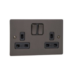 2 Gang 13A DP Switched Double Socket in Matt Bronze Stylist Grid Flat Plate with Black Trim