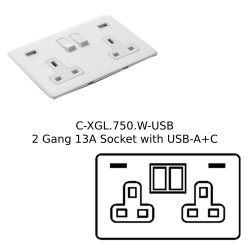 2 Gang 13A Socket with 2 USB A+C Sockets Screwless Vintage Gloss White Plate with a White Trim