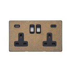 2 Gang 13A Socket with 2 USB A+C Sockets Screwless Vintage Rustic Brass Plate with a Black Trim