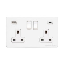 2 Gang 13A Socket with 2 USB A+C Sockets Screwless Vintage Matt White Plate with a White Trim