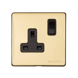 1 Gang 13A Switched Single Socket Screwless Vintage Polished Brass Plate Black Switch and Trim