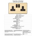 2 Gang 13A Switched Twin Socket Screwless Vintage Polished Brass Plate Black Switch and Trim