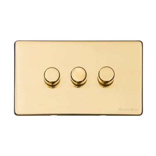 3 Gang 2 Way Trailing Edge LED Dimmer 10-120W Screwless Vintage Polished Brass Plate